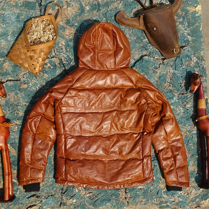 Hooded Oblique Zipper Horseshoe Sleeves Imported Wax Beeswax Color To Make Old Horse Skin Leather Men's Down Jacket.