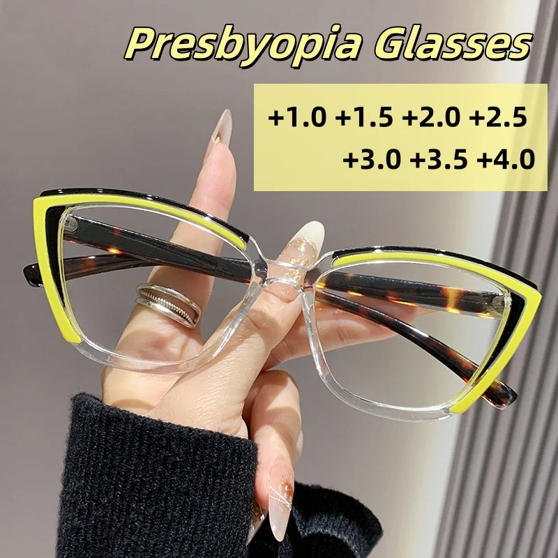

Retro Color Blocked Cat Eye Large Frame Presbyopia Glasses with Anti Blue Light Transparent Lenses Stylish Women Eyewear