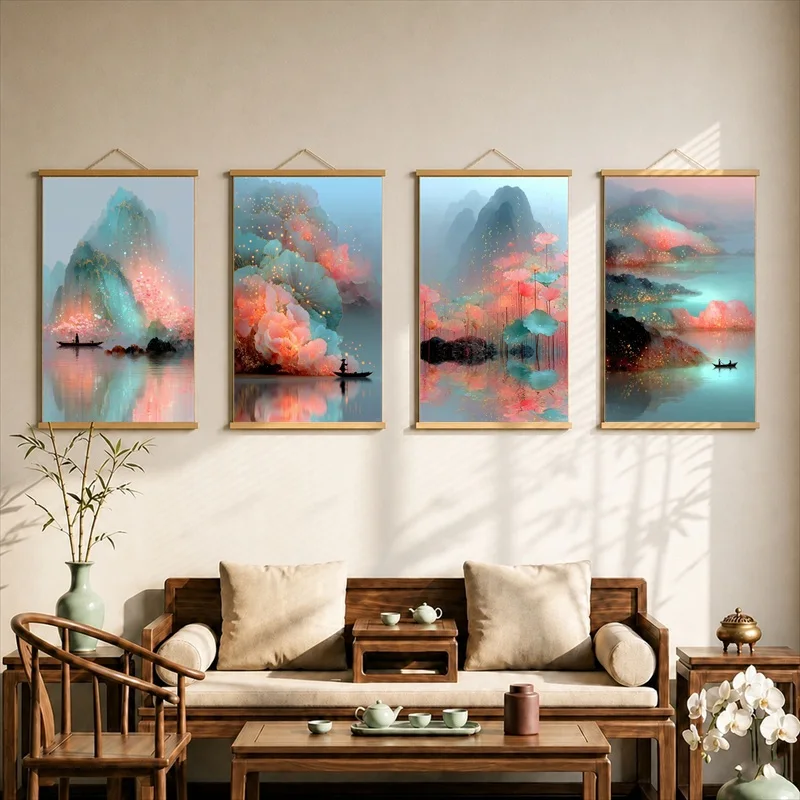 Wall Art Misty Mountains of a Hidden Fairyland, Ethereal Oriental Pearlescent Canvas Hanging Scroll Decor for Meditation Room