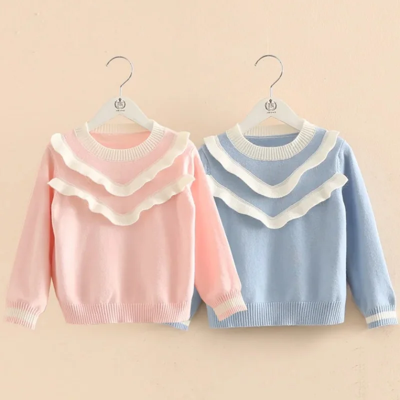 Autumn Spring Winter 3 4 5 6 8 9 10 12 Years Children\'s O-Neck Ruffles Patchwork Soft Knitted Pullover Kids Baby Girls Sweater