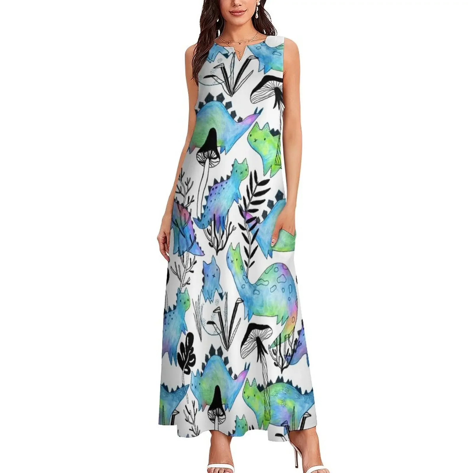 Catosaures et plantes crayon. Chats et champignons dinosaures amusants. Robe longue d'anniversaire pour femmes, robe de bal de luxe, 2025