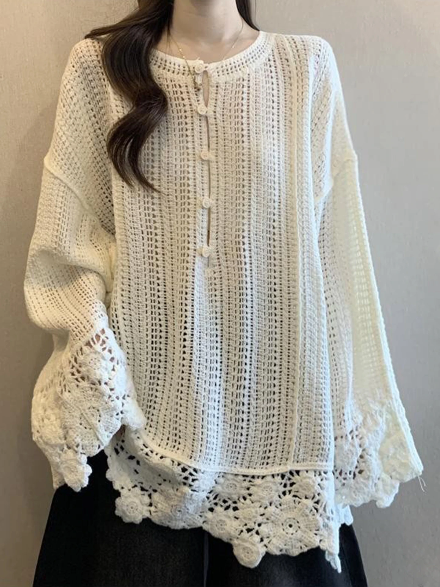 

White Lace Hollow Knitted Sweater Women's Spring Autumn Winter Loose Slimming Outerwear Top Large Size Comfortable Faionable