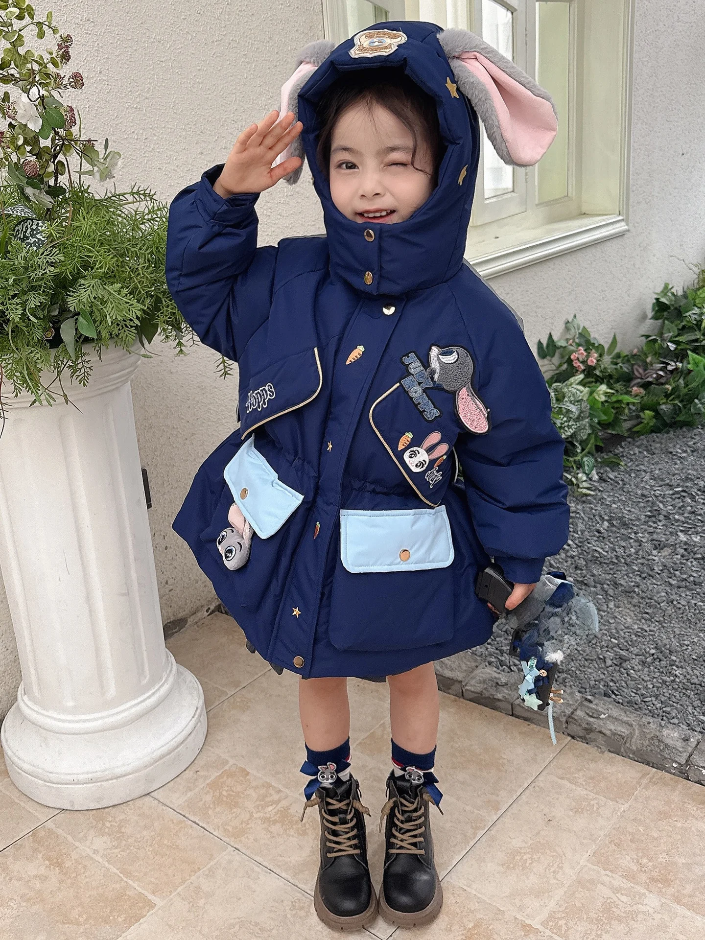 Thiened Warm Du ダウン フード付きジャケット ラビット ポリスオフィサー ニューナショナル スタンド 90 ホワイト ダウン フェザー ミドル丈コート f...