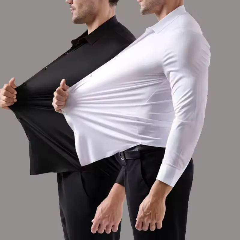 High Stretch Men's Dress Shirt Long Sleeved Solid Color Silky Business Casual Smooth Work Wrinkle Free White Black Office Shirt