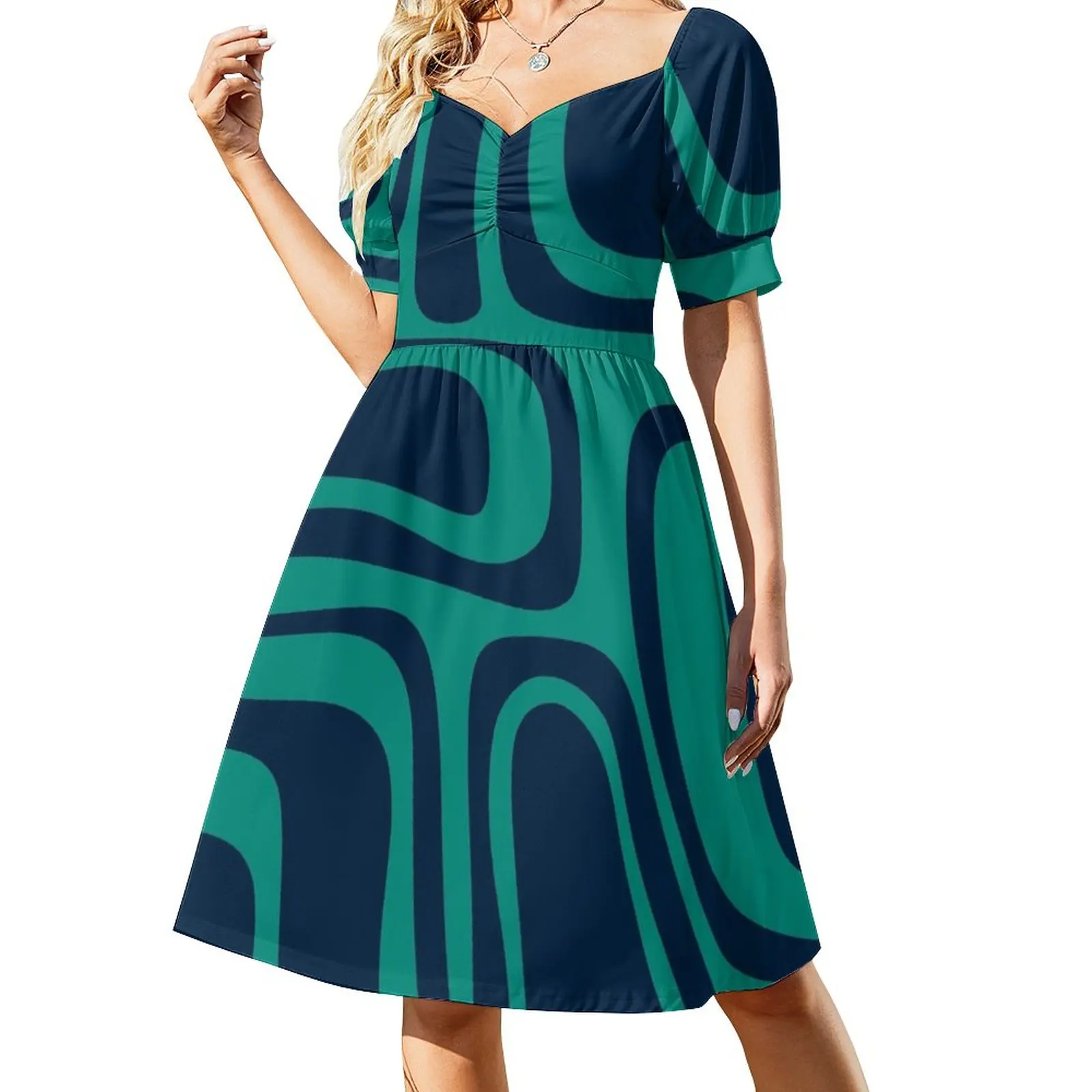 

Palm Springs Retro Midcentury Modern Abstract Pattern in Mid Mod Navy Blue and Turquoise Teal Dress Dresses for wedding party