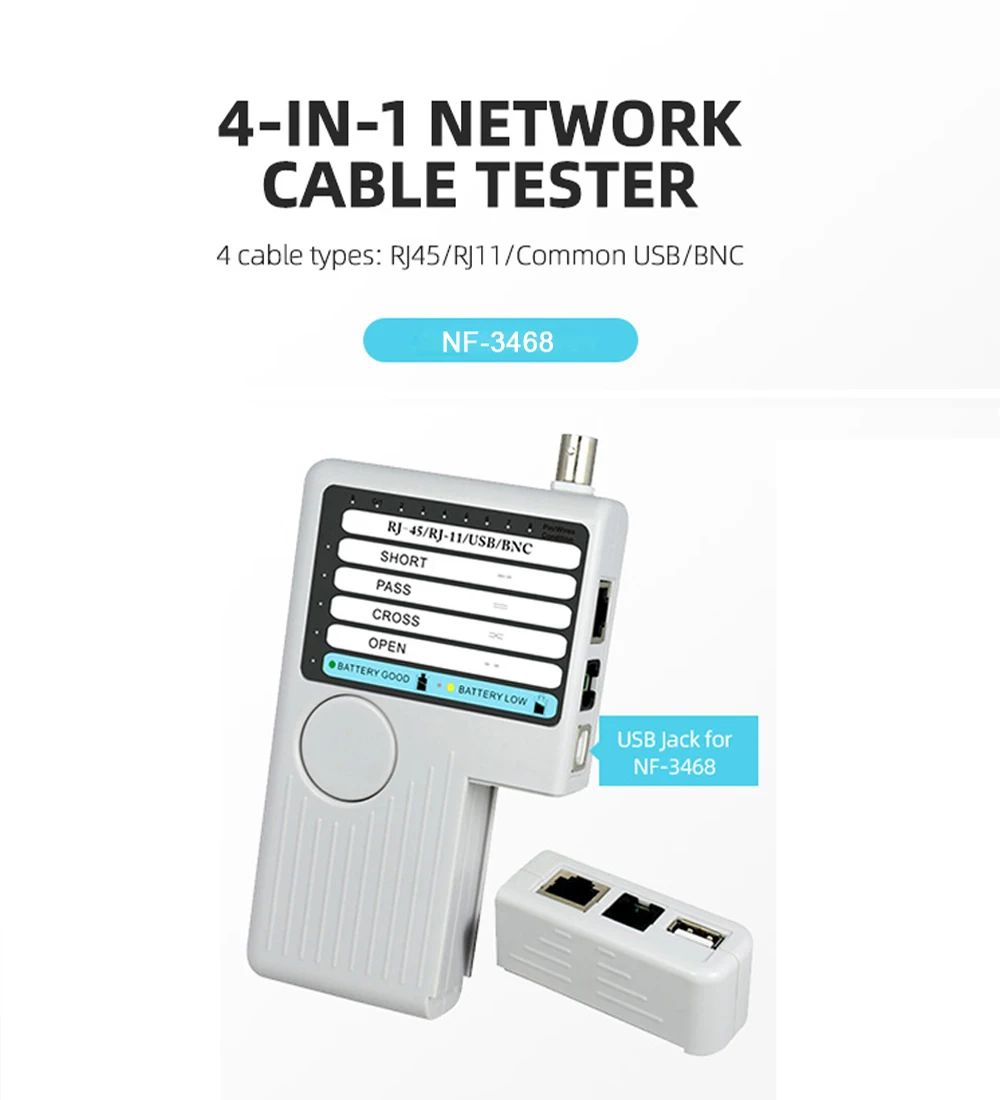 NOYAFA NF-3468 4 في 1 جهاز اختبار كابل الشبكة عن بعد BNC RJ45 RJ11 USB اختبار الكابلات اليدوية لتتبع كابلات UTP STP