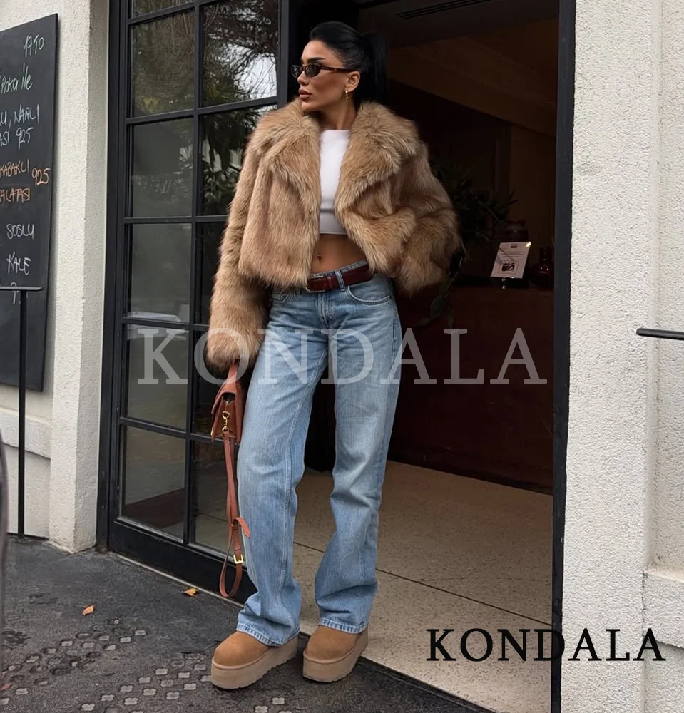 Kondala outono inverno jaqueta de pele streetwear lapela pele do falso casaco curto 2025 moda alta rua elegante chique jaqueta feminina
