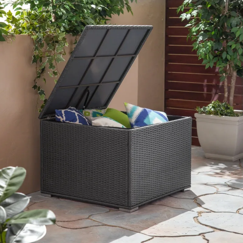 Dark Gray Rattan Outdoor Storage Box with Lid Waterproof Patio Cushion Organizer Multifunctional Garden Storage Chest Furniture