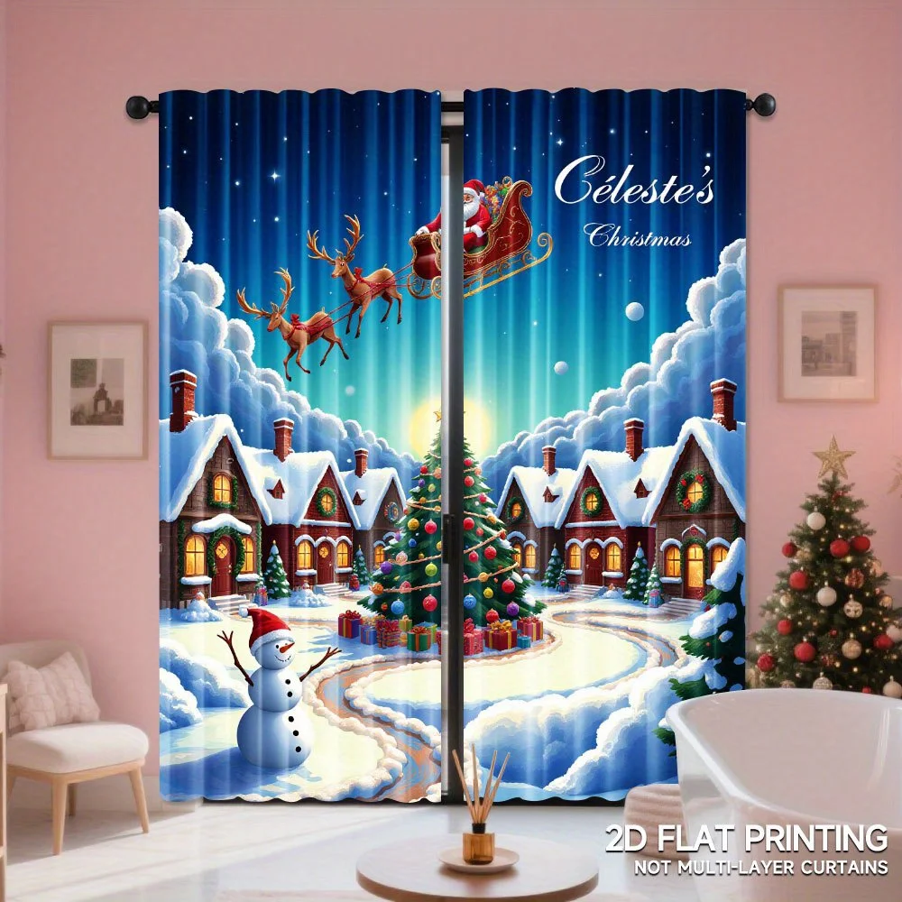 Christmas Village Curtains, Santa Sleigh Snowy Night Window Drapes, Winter Holiday Decor Blackout Fabric for Living Room Bedroom