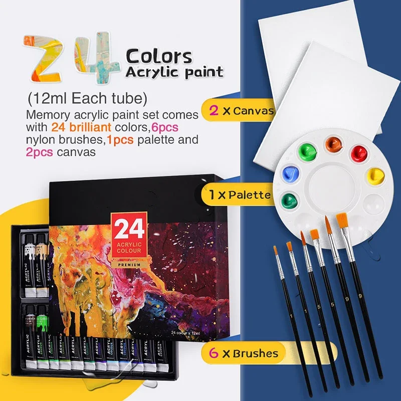 Acrylic Paints 12/24 Colors Professional Set 12ml Tubes Artist Drawing Gouache Fabric Glass Oil water color Paint Art supplies