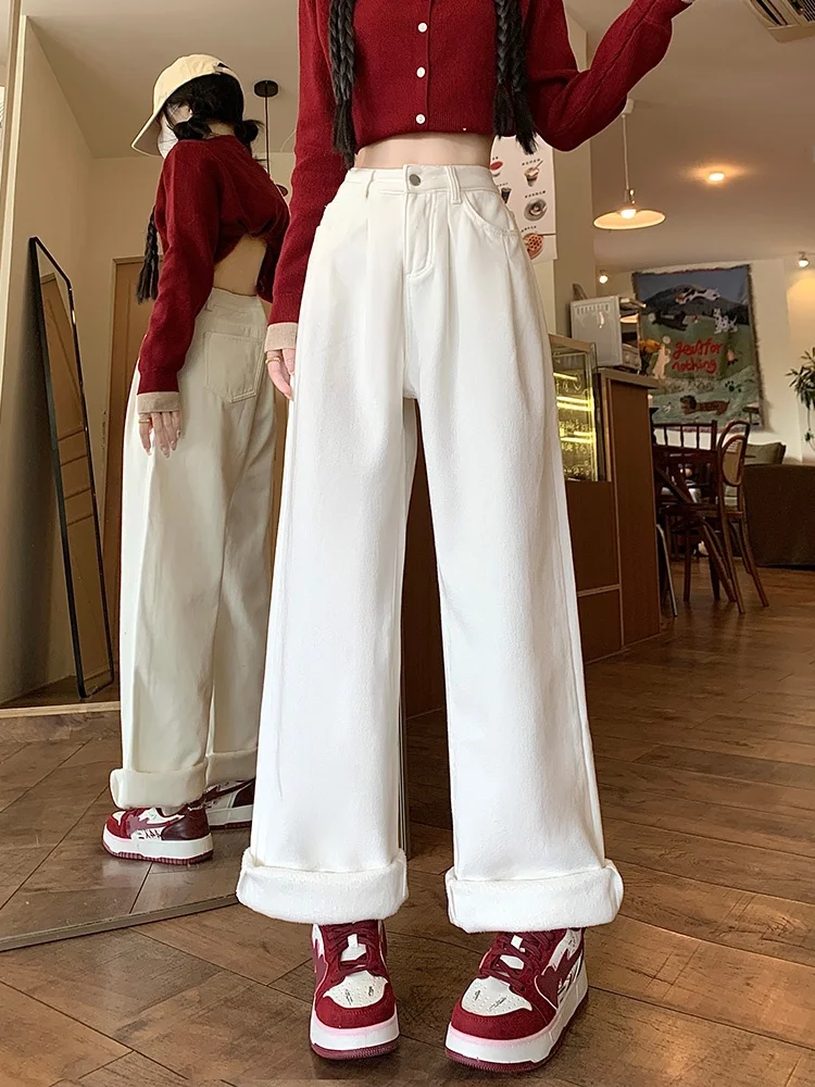 

High Waist Fleece Lined Pleated Denim Jeans Women's Loose Wide Leg Slim Straight Drapey Floor Length Trousers plus Size