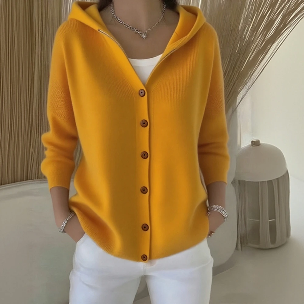 

Осень-зима, новый стиль, однотонный вязаный кардиган с капюшоном, женский повседневный модный трикотаж на пуговицах