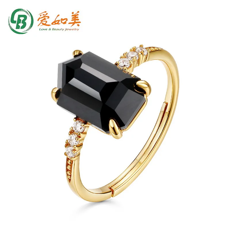 

18K Gold PT950 Platinum Silver Plated 7-layer Gold Natural Black Agate Geometric Opening Ring Irregular Ring Bracelet