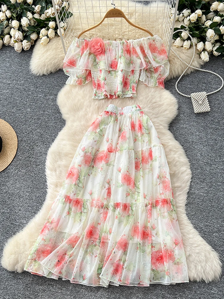 

Summer French Sweet Chiffon Two Piece Set Women's One Shoulder Bubble Sleeve Shirt+Elastic Waist Big Swing Skirt Set C543