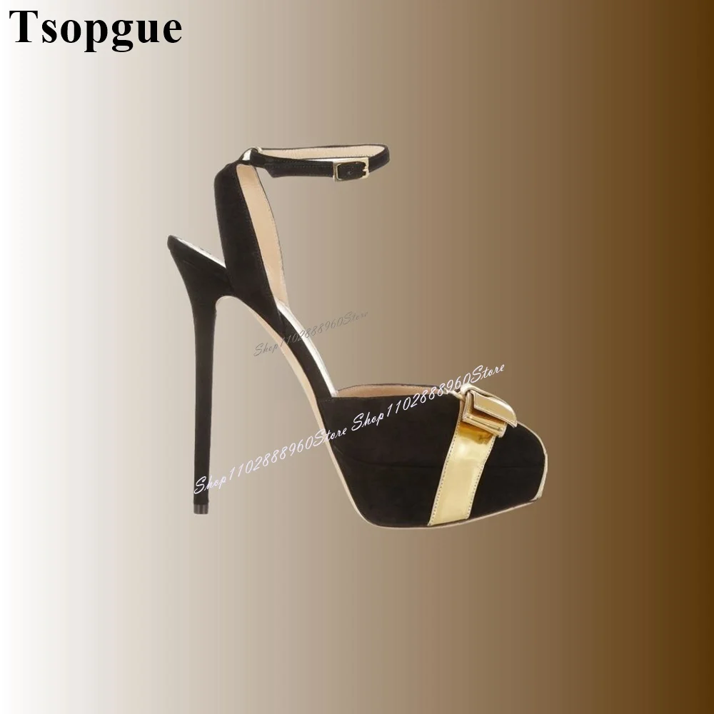 Black And Golden Bow Knot Decor Platform Pumps Thin High Heel Women Shoes Ankle Buckle Strap Round Toe 2024 Zapatos Para Mujere