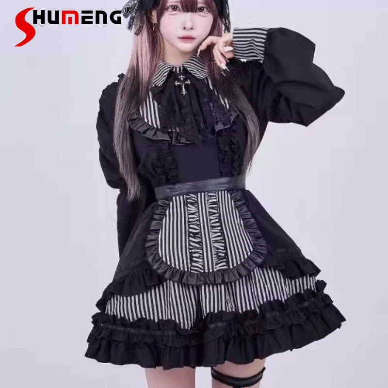 

Japanese Lolita Y2k Mass-Produced Mine Series Dresses Subculture Maid Costume Lace Vestidos New Sweet Cute Lolita Striped Dress