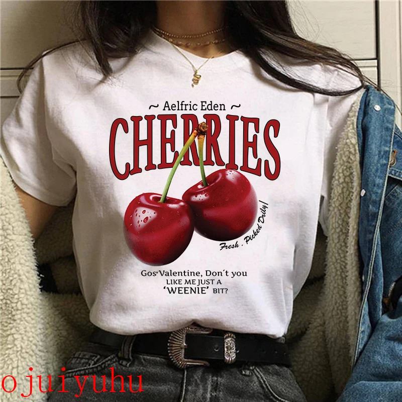 y2k sweet Strawberry Cherry Casual T-Shirts Gothic Tee Shirt Harajuku 90s Tshirt Women Summer Tops Streetwear Clothes