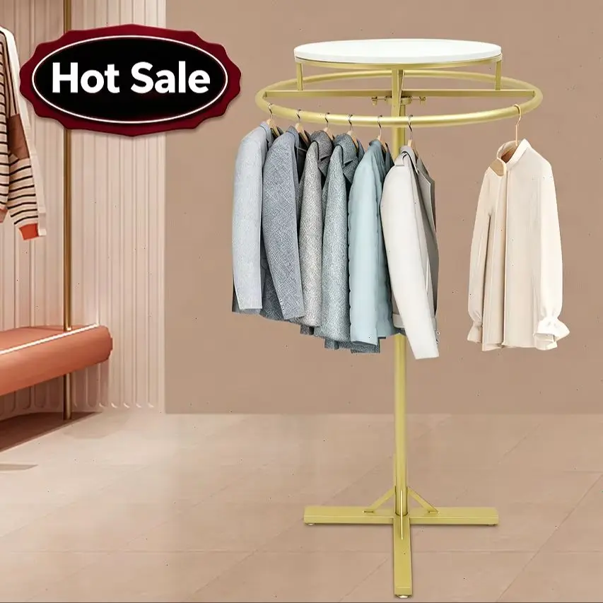 Perchero Redondo Dorado, de Pie, 360 Grados ° Exhibidor de Ropa Giratorio, de Acero y Madera Sólida, de Pie, con Capacidad de Carga Total de Aproximadamente 50 kg/110.23 lbs, para Tiendas de Ropa, Boutiques, etc.