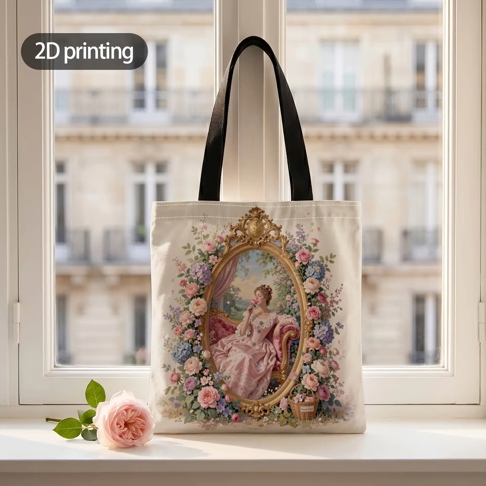 2D Printed Handbag with Garden Dream in Velvet Frame Pattern, Reusable Fashion Shoulder Bag Shopping Tote Bag Suitable for Shopp