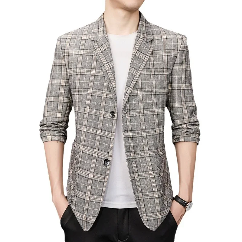 Chaqueta de traje informal a cuadros para hombre, versión coreana, a la moda