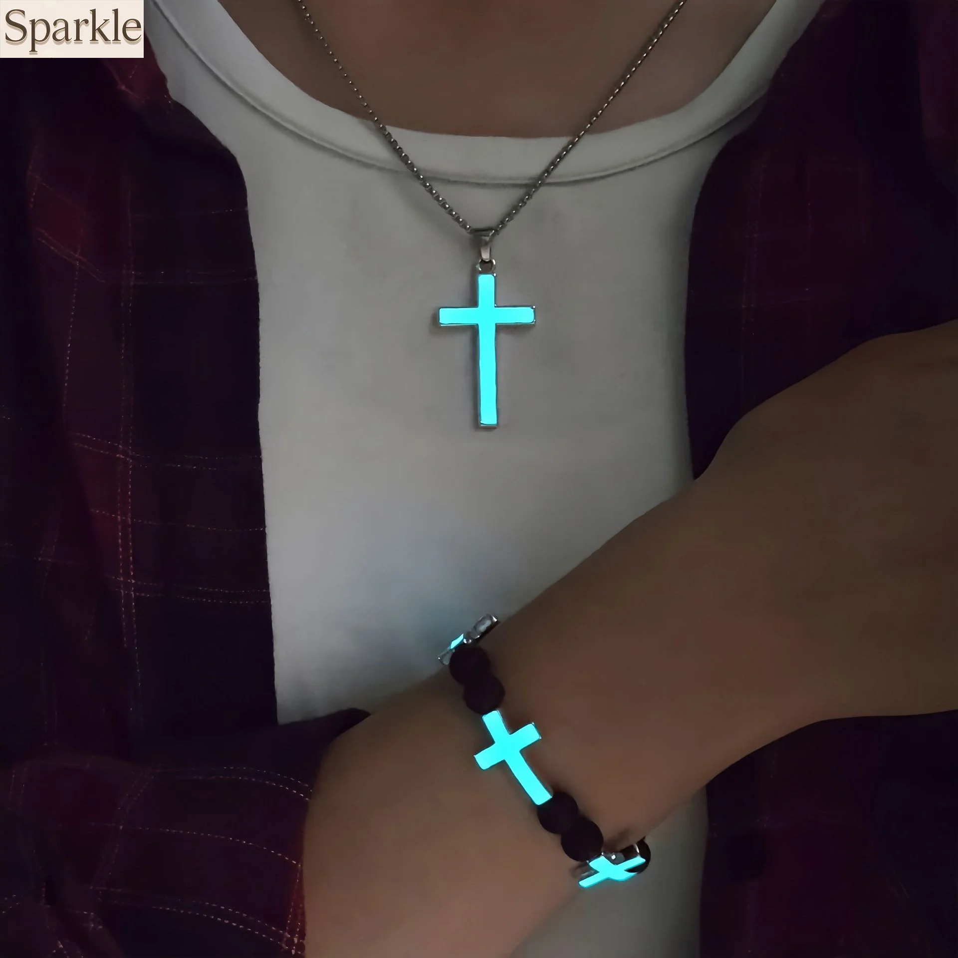 

Glow-in-the-Dark Cross Jewelry Set For Men Women Charm Bracelet and Necklace Cross Pendant Luxury Gifts Halloween Beads Chain