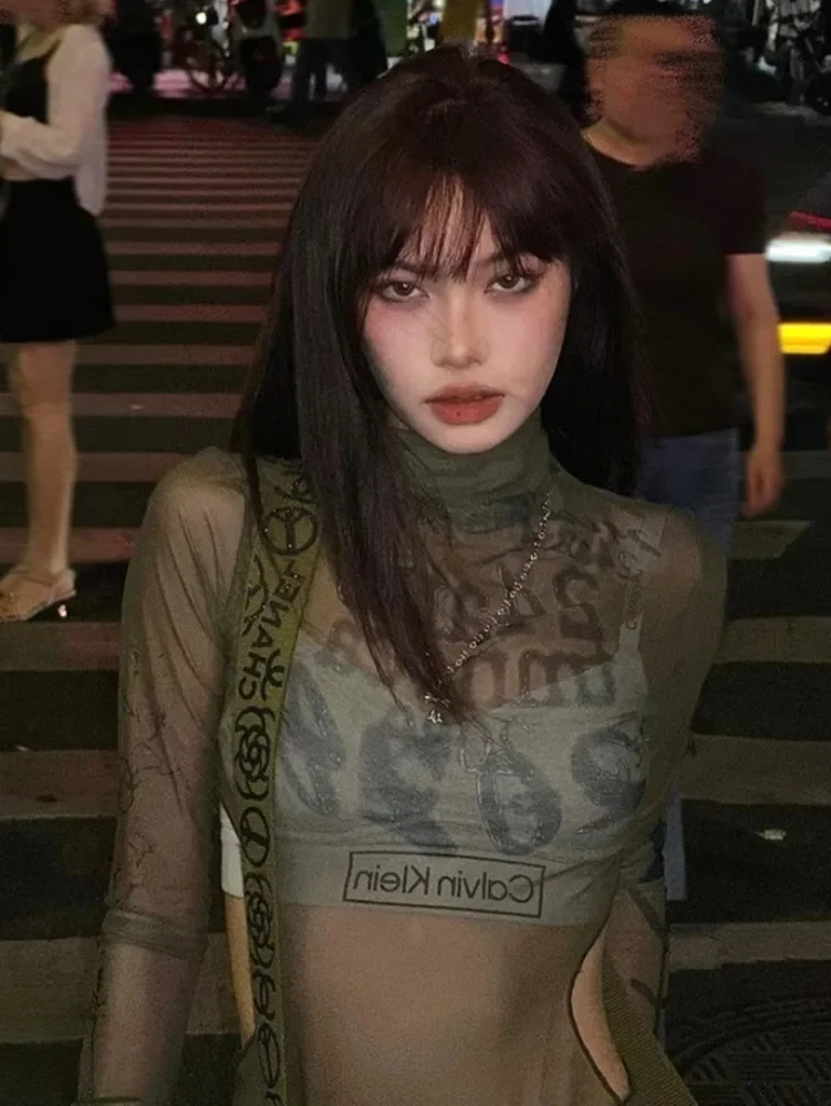 Deeptown Vintage Y2k Graphic Mesh T Shirts Women 2000s Grunge See Through Slim Kpop Tops Hollow Aesthetic Long Sleeve Tee Shirts