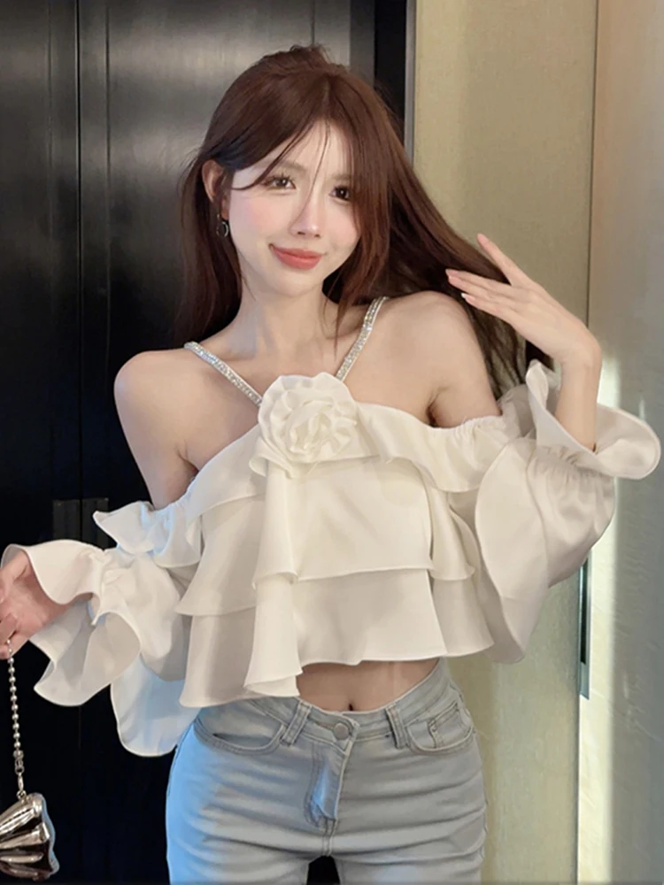 Summer Women Sweet Halter Collar Blouse Elegant Off Shoulder Flower Ruffles Crop Tops Female Fashion Beach Holiday Sexy Clothing