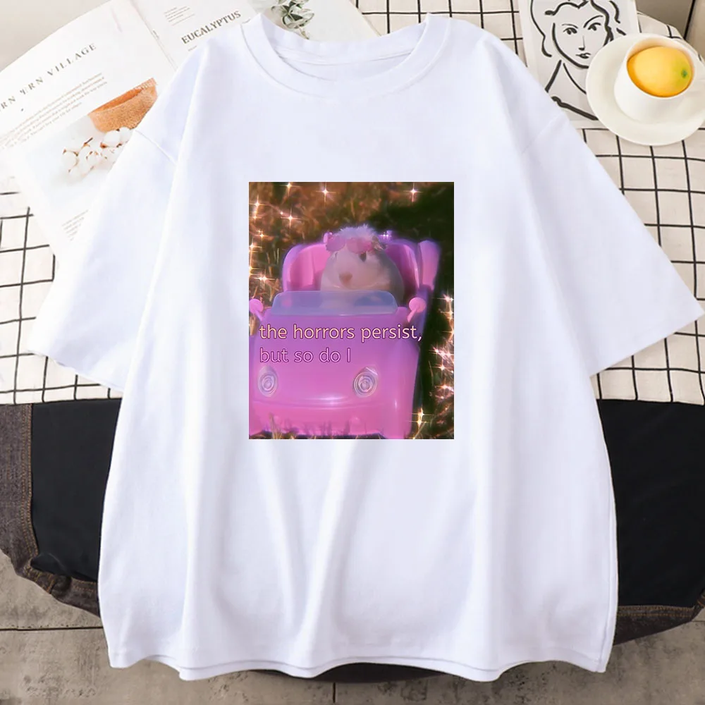 The Horrors Persist But So Do I T-shirt Kawaii Cartoon Sad Hamster Printing Tee-shirt Short Sleeve Girls Summer Shirt Ropa Mujer