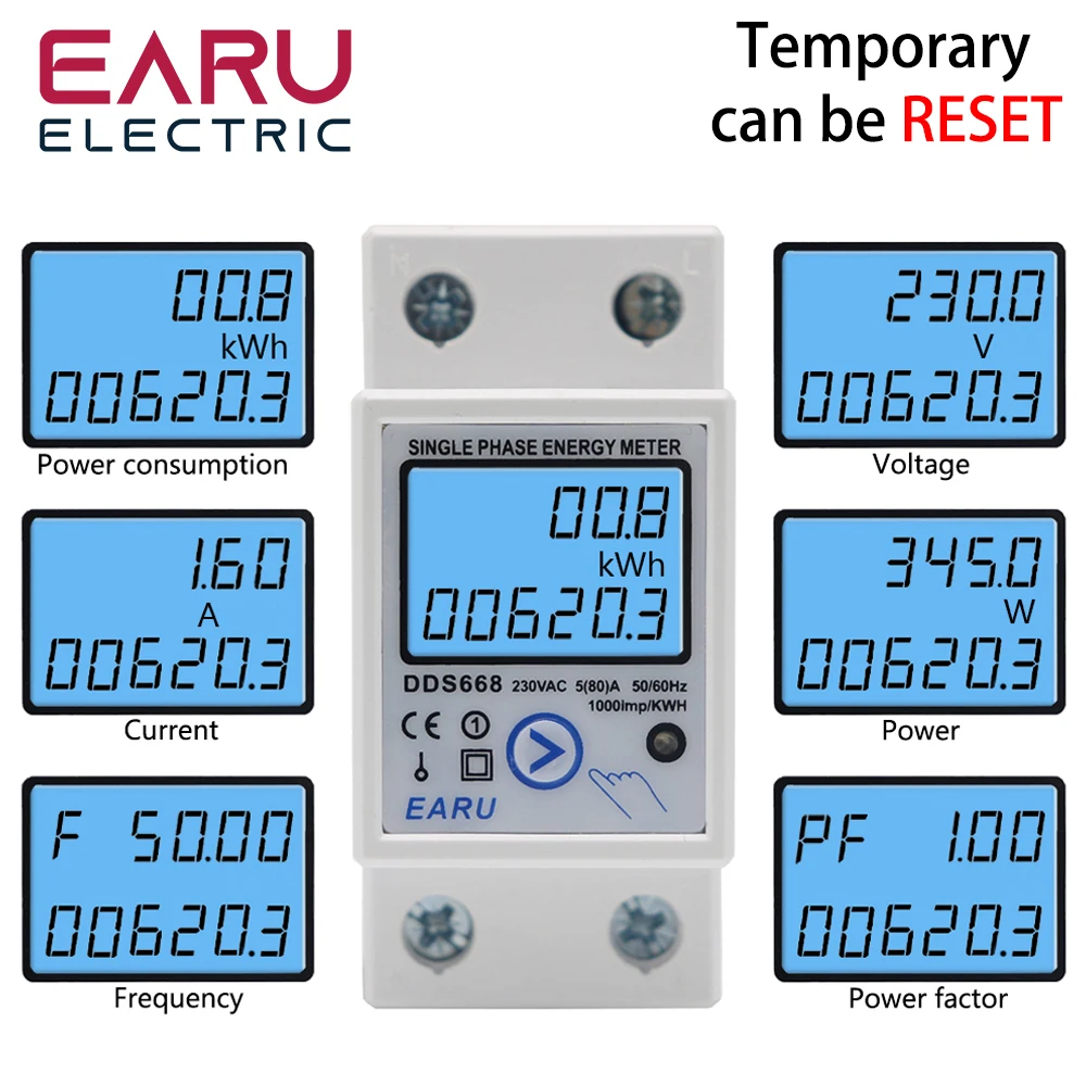 medidor de consumo de energia atual da tensao kwh do medidor de energia da restauracao da fase monofasica de digitas do trilho do ruido eletricidade 220v ac 01