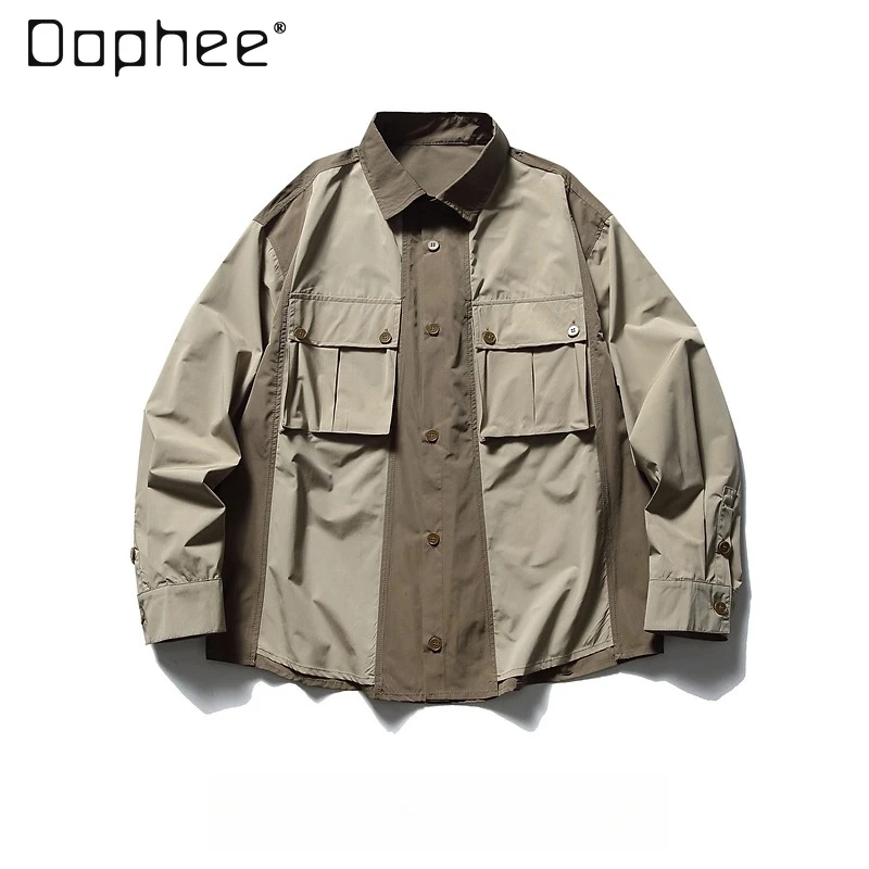 

2024, весенне-осенняя лоскутная зеленая рубашка с длинными рукавами в японском стиле, свободная повседневная темно-синяя рабочая рубашка в уличном стиле в стиле ретро