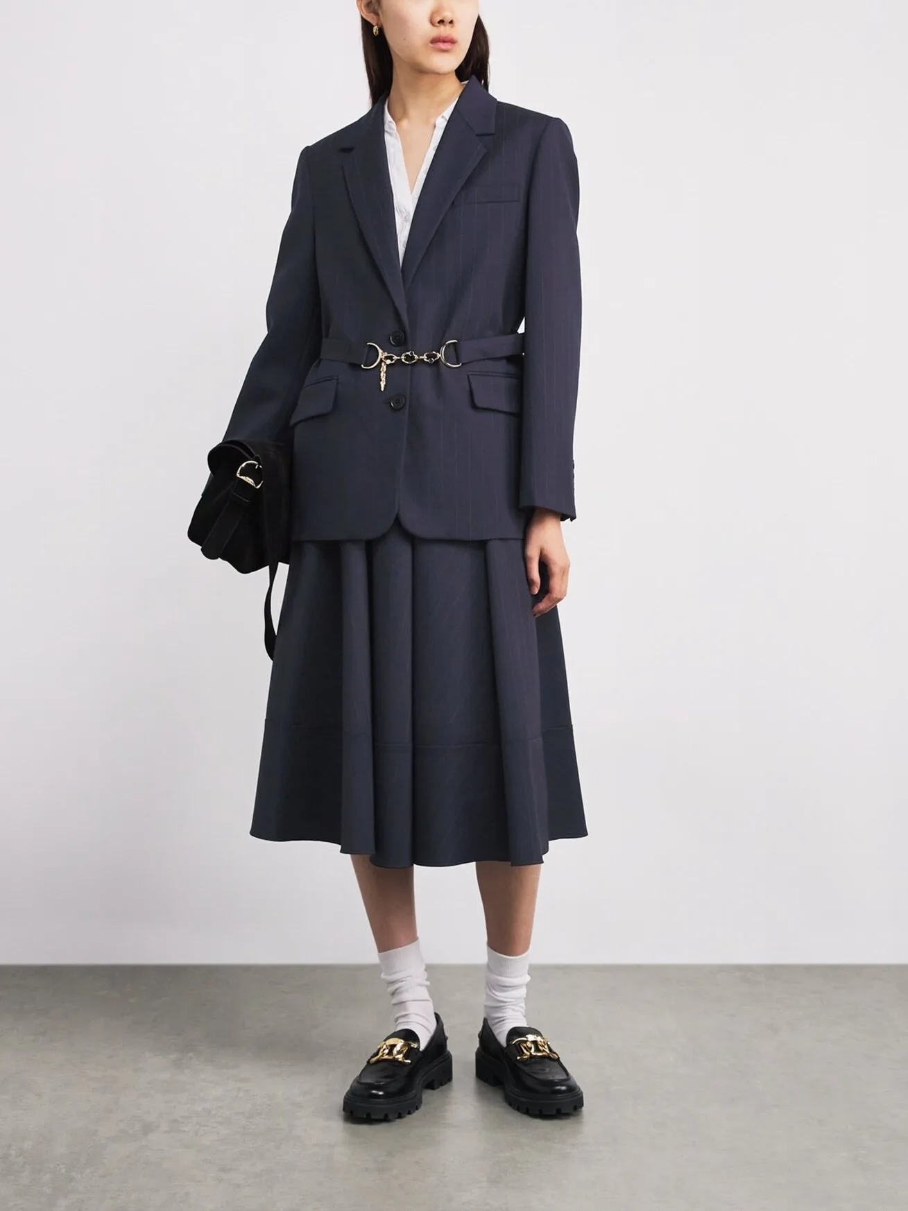 

M Home Early Spring 2026 Commute Vertical Stripes Single Button Belted Suit Jaet f Skirt Set Women's Faion Ensemble