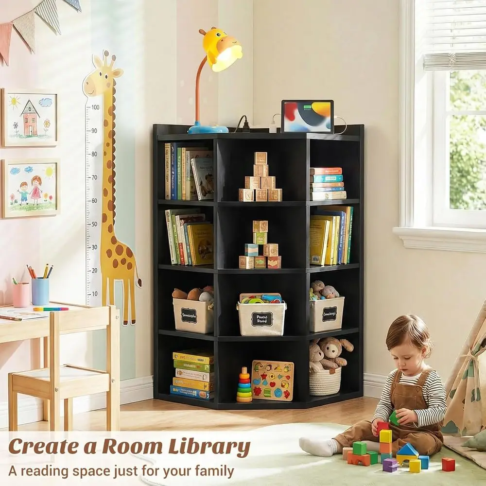 Aheaplus Cabinet, 5-Tier Bookshel with Power Outlets, Cube Storage Shel with Top Table, Wooden L Cubby Toy Storage with 12 Cubes