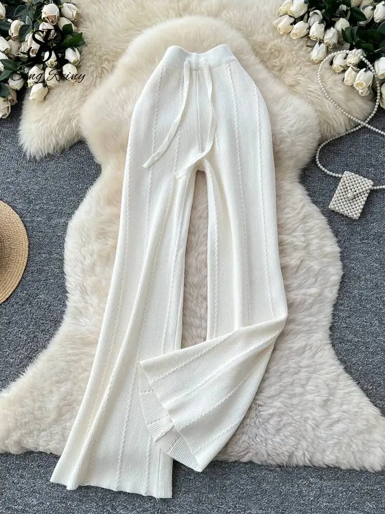 Pantalones de pierna ancha informales a la moda, pantalones de punto gruesos holgados con cordón de cintura alta elásticos para perezosos de otoño