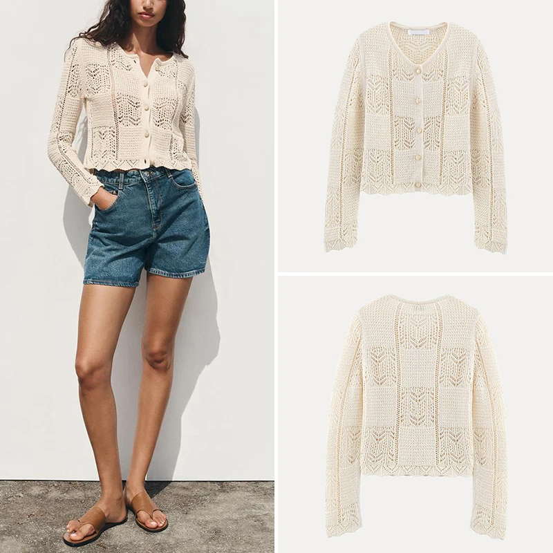 

Ele Knitted Long Sve Me Outerwear Spring 2025 Women's Faion Z Polyester Fiber round Ne Open Cardigan