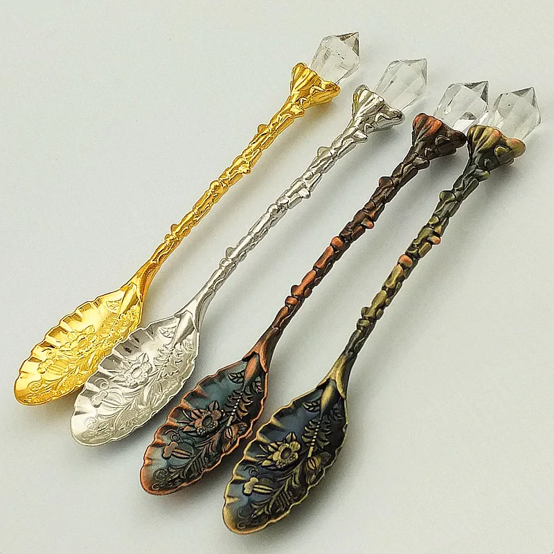 Crystal Vintage Pattern Small Coffee Tea Mini Spoon Mixing Gold Silver Spoon Cafeteria Station Accessories High Quality Retro