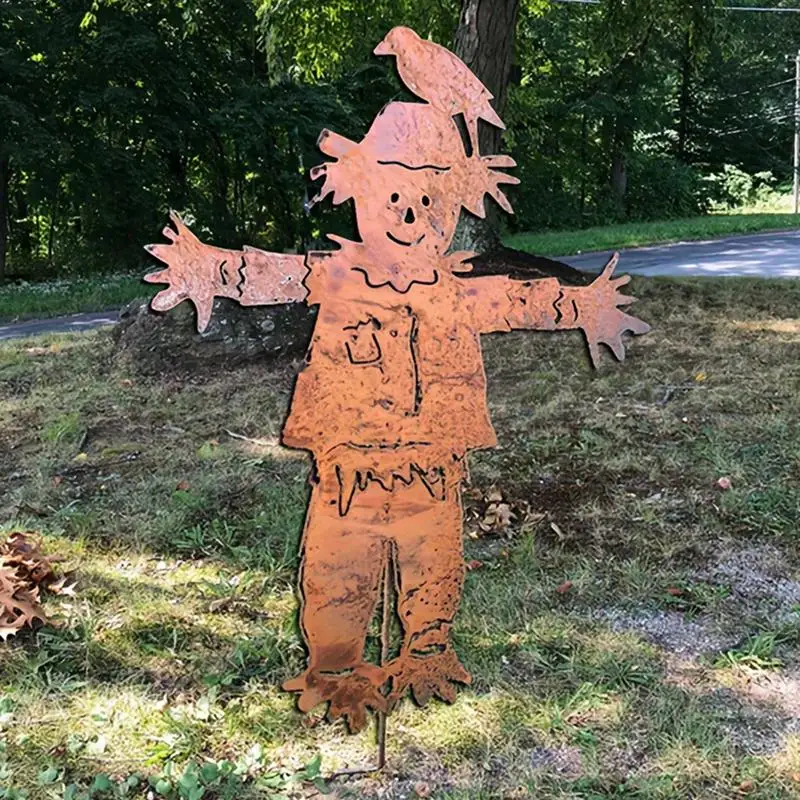Vintage Rusty Scarecrow Decor Stake Rusty Fence Topper Statue Stake Metal Garden Decor Sign For Fence Topper Art Decoration