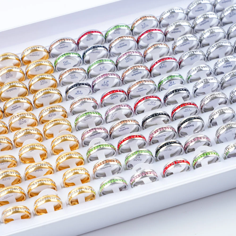 36pcs/Lot Multicolor Rhinestone Stainless Steel Silver Gold Color Rings For Women Men Mix Style Fashion Wedding Jewelry Party