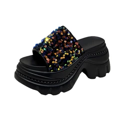 Fashion Pocket Chunky Platform Sandals Women 2024 Summer 8CM Wedge High Heels Sandals Woman Thick Bottom Slides Beach Slippers