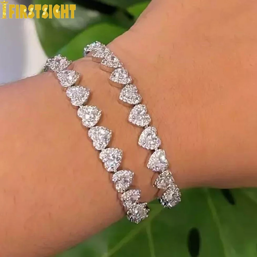 Nowa bransoletka z mini sercem 7 mm Full Iced Out Bling CZ Cubic Zirconia Prong Setting Miami Bangle Dla kobiet Mężczyźni Biżuteria Hiphop