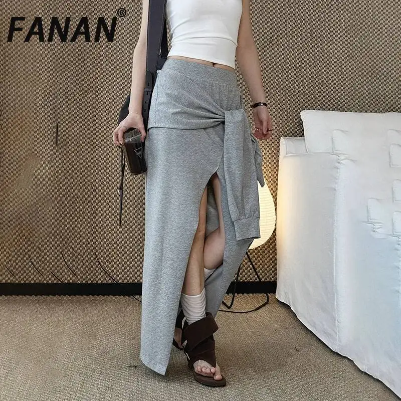 

FANANHigh Elastic Waist Gray Bandage Hem Slit Casual A-line Half-body Skirt Women Fashion Tide New Summer Fashion Clothing