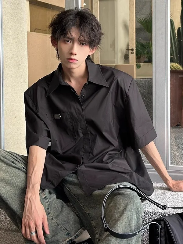 

Мужская летняя рубашка с коротким рукавом и подплечниками, свободного кроя, из дышащего тонкого материала, повседневная, для молодых мужчин.