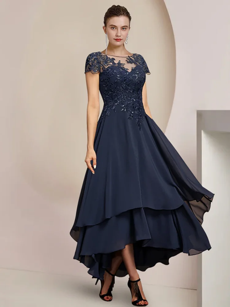 A-Line Mother of the Bride Dress Wedding Guest High Low Scoop Neck Asymmetrical Tea Length Formal Evening Gown