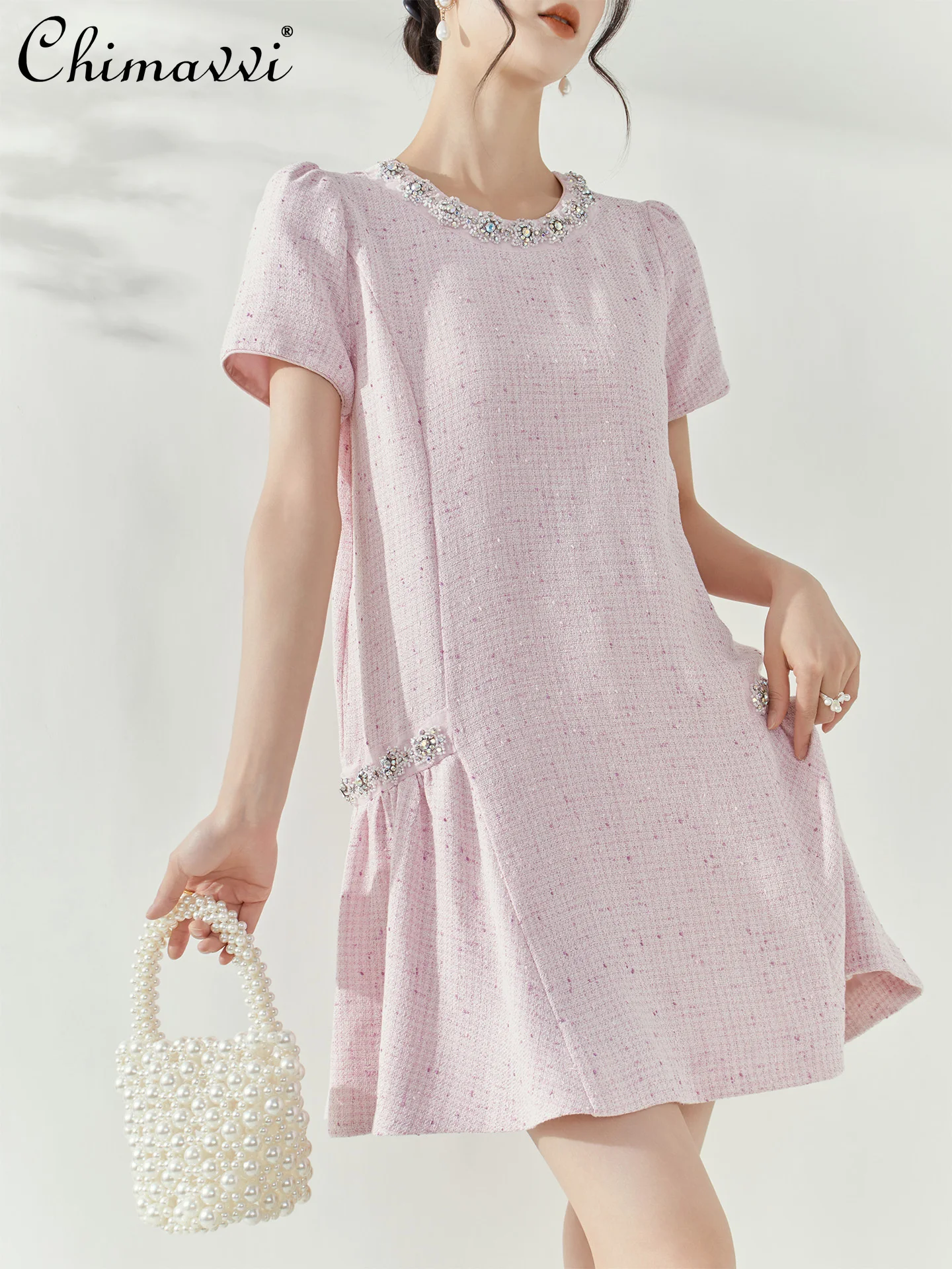 

French Elegant High-end Pink Summer Dresses Beaded Diamond Round Neck Short Sleeve Loose High Waist A-line Birthday Dress Women