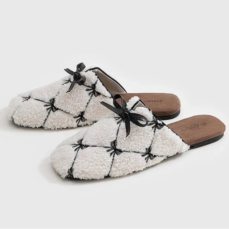 

Удобные пушистые домашние тапочки с бантом, женские легкие мягкие короткие плюшевые хлопковые тапочки, женские модные нескользящие тапочки на плоской подошве