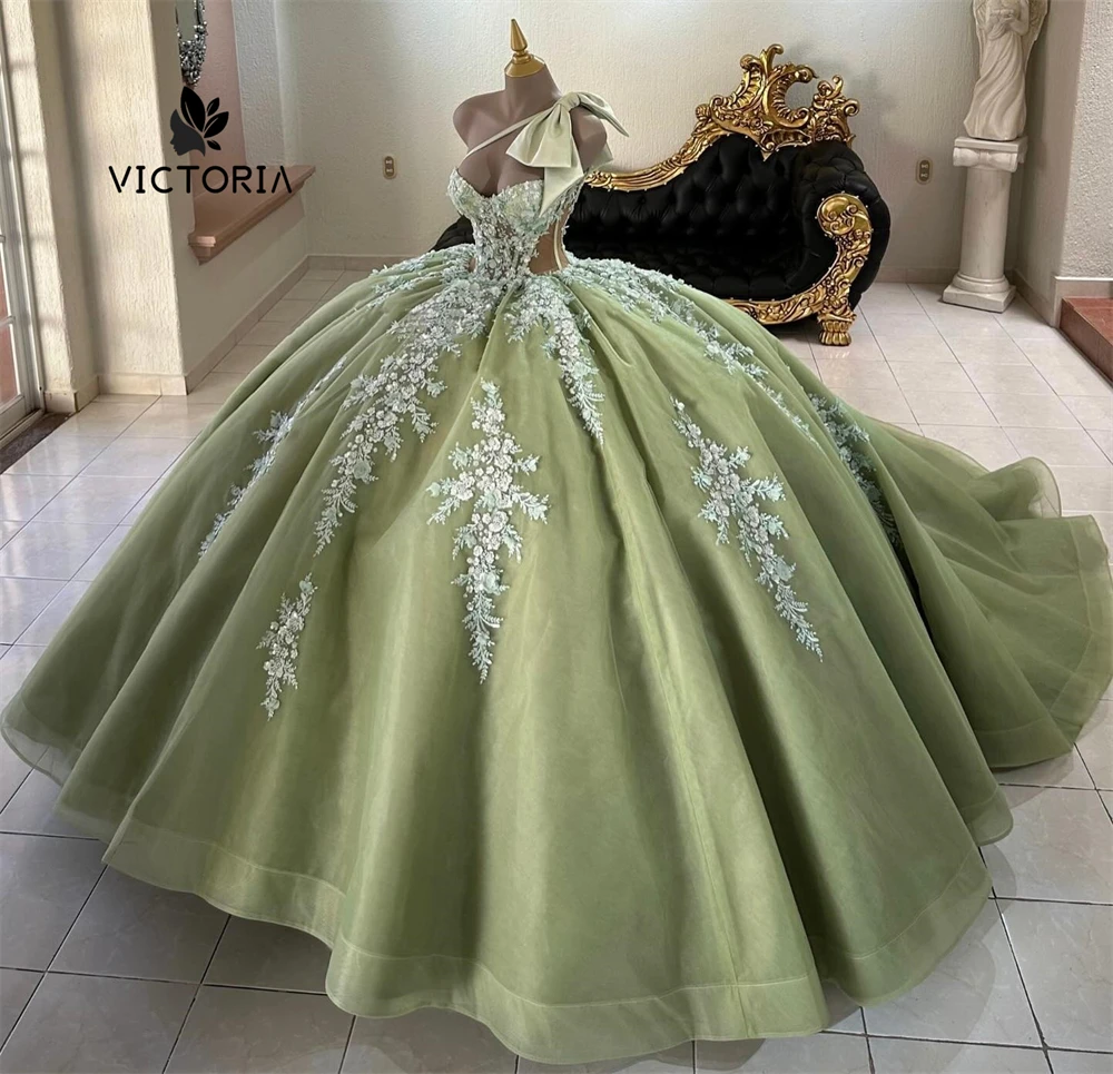 Fresh Sage Green Sweet 16 Quinceanera Dresses One Shoulder Beads Lace Applique Princess Ball Gown vestidos de 15 años Customized