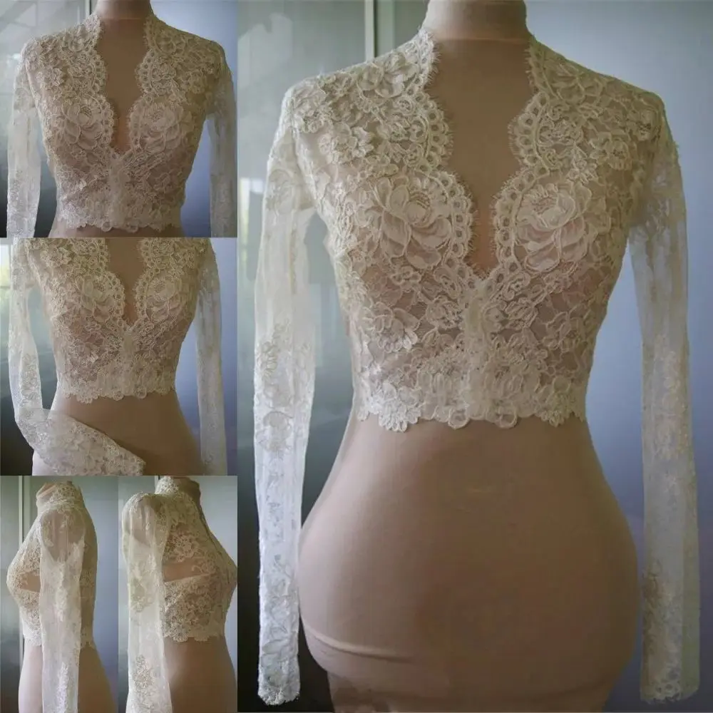 

Недорогие свадебные накидки, скромные, с кристаллами, с V-образным вырезом, для свадеб, кружевной жакет с длинным рукавом, свадебное болеро