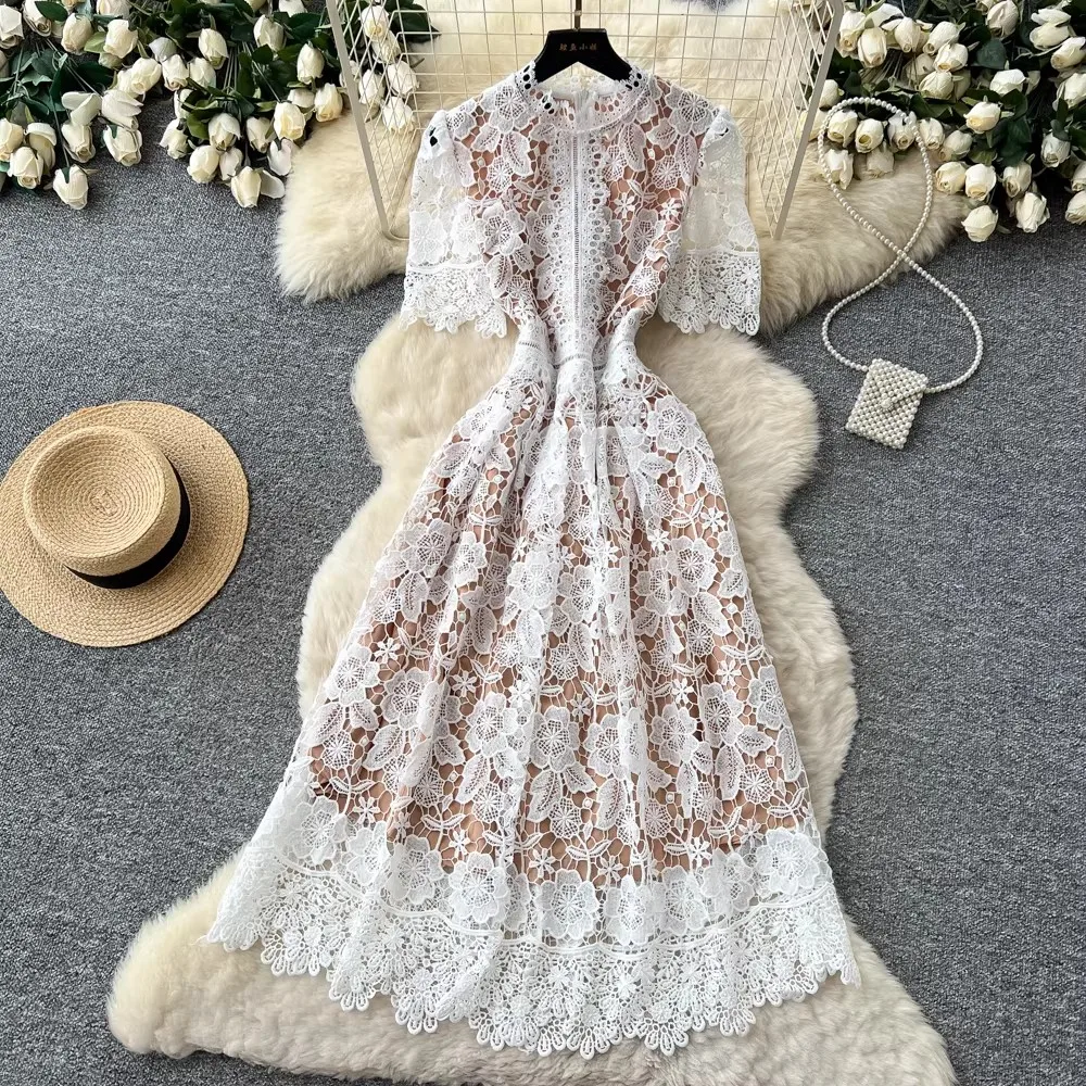 

Elegant Hook Floral Hollow Lace Dress Summer Clothes Women O-Neck Short Sleeve Slim Waist Long Evening Party Dress Vestido