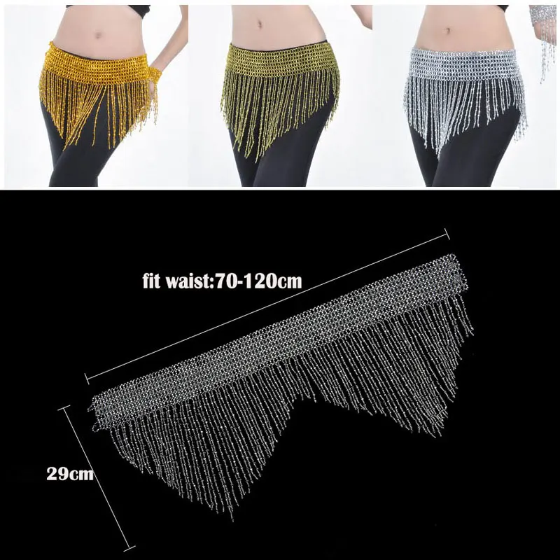 Women Glitter Bellydance Hip Scarf Hollow Beaded Wrap Waist Chain Tassels Skirt Buttocks Belt Carnival Rave Outfit Costume Suit