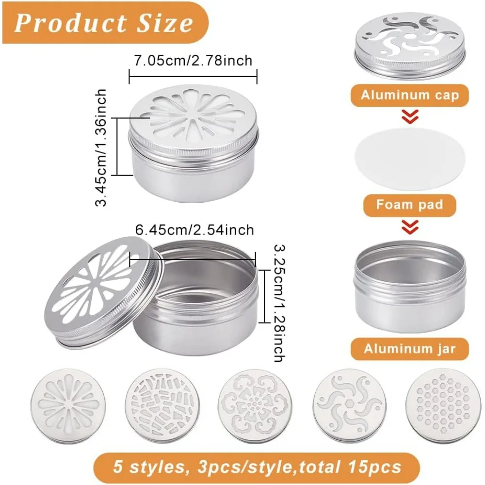 15 Pack 2.8 oz Aluminium Tins with Hollow Lid, 5 Style Refillable Screw Lid Round Jars Sample for Cosmetic, Aromatherapy, Air