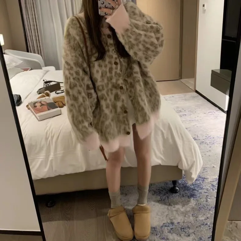 

Loose Long Middle Length Niche Outerwear Retro Leopard Print Warm Knitted Sweater Coat Women's Autumn Winter Lazy Style